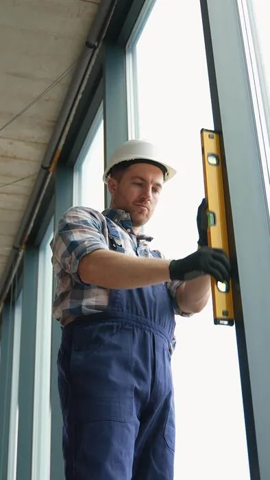 An inspector checking a window frame for plumb with a spirit level