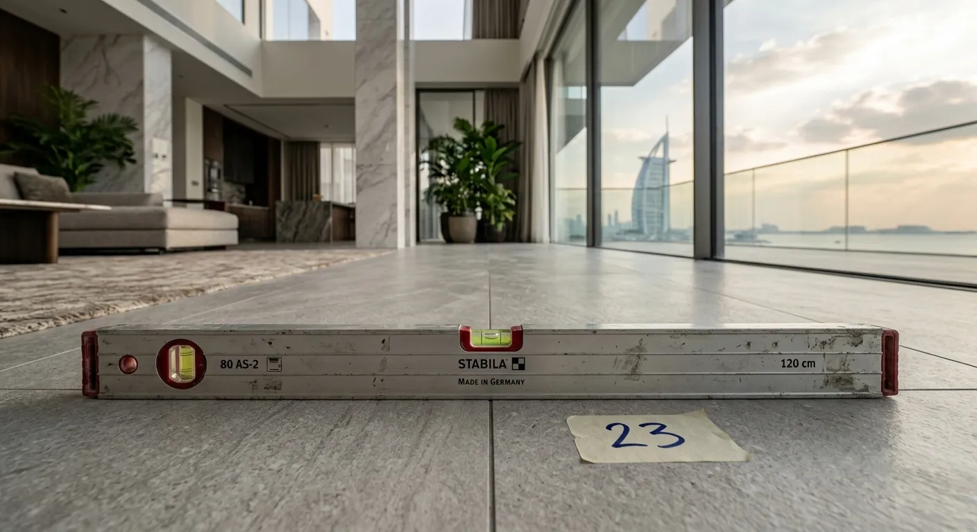 A spirit level and a numbered defect marker on the floor of a Dubai apartment, with the Burj Al Arab visible through the window