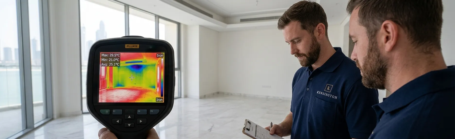 An inspector reviewing a thermal imaging camera reading during an on-site survey of an empty Dubai apartment
